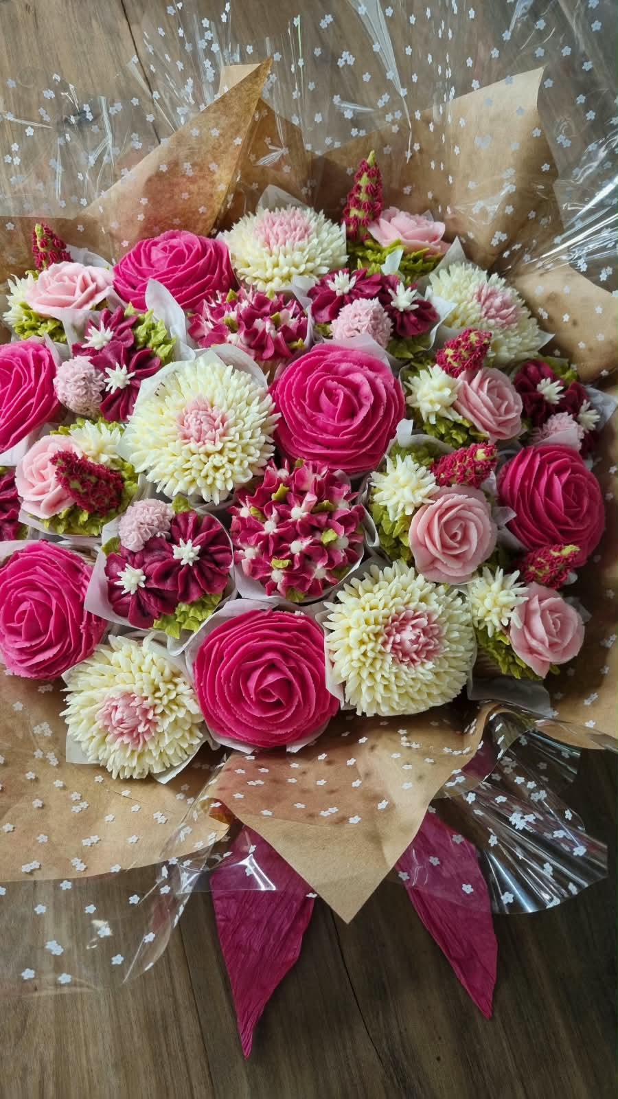 Cupcake bouquet of deep pink roses and cream chrysanthemums